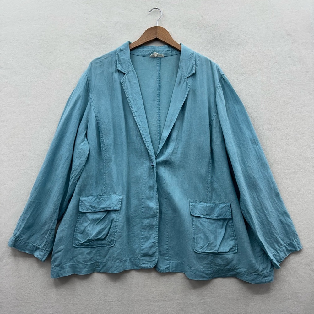 Eileen Fisher Women’s 2X Irish Linen Blue Single Button Blazer Jacket